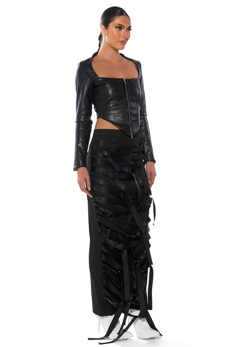 BADDIE FAUX LEATHER SQUARE NECK ZIP FRONT TOP