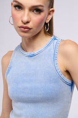 BASIC DISTRESSED MINERAL WASH TANK TOP IN BLUE