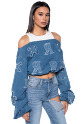 BE YOURSELF DENIM OFF THE SHOULDER SWEATSHIRT