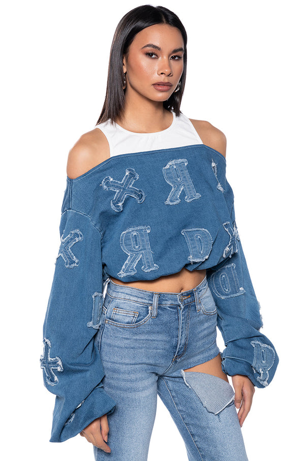 BE YOURSELF DENIM OFF THE SHOULDER SWEATSHIRT