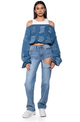 BE YOURSELF DENIM OFF THE SHOULDER SWEATSHIRT