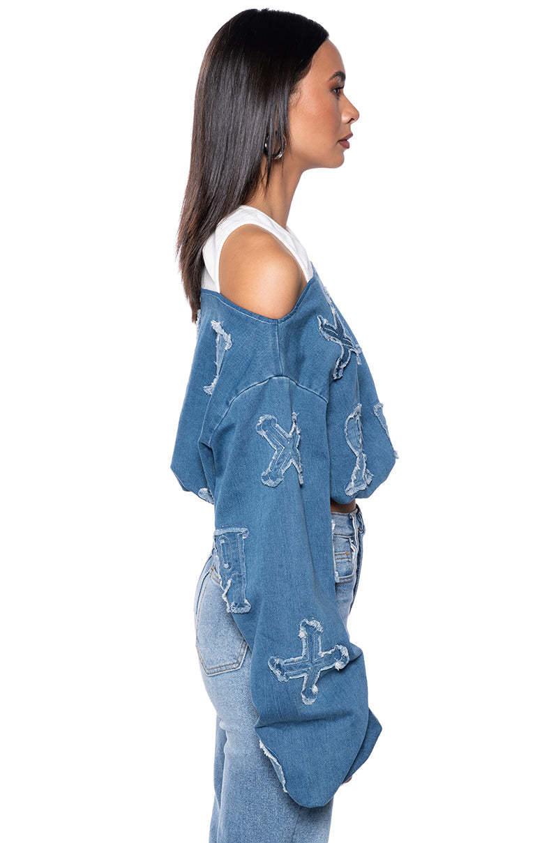BE YOURSELF DENIM OFF THE SHOULDER SWEATSHIRT