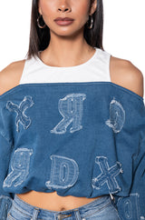 BE YOURSELF DENIM OFF THE SHOULDER SWEATSHIRT