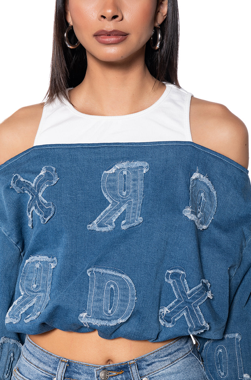 BE YOURSELF DENIM OFF THE SHOULDER SWEATSHIRT