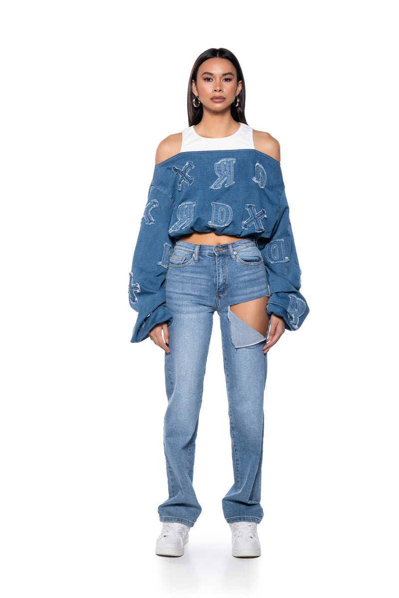 BE YOURSELF DENIM OFF THE SHOULDER SWEATSHIRT