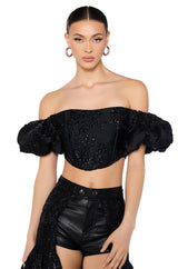 BEATRIX BROCADE OFF SHOULDER PUFF SLEEVE CORSET