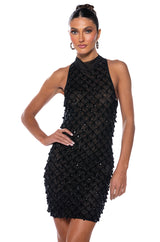 BEAUTIFUL MISTAKES MOCK NECK LOW BACK BEADED MINI DRESS