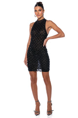 BEAUTIFUL MISTAKES MOCK NECK LOW BACK BEADED MINI DRESS