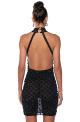BEAUTIFUL MISTAKES MOCK NECK LOW BACK BEADED MINI DRESS