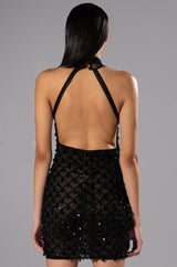 BEAUTIFUL MISTAKES MOCK NECK LOW BACK BEADED MINI DRESS