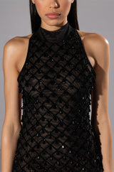 BEAUTIFUL MISTAKES MOCK NECK LOW BACK BEADED MINI DRESS