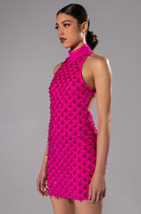 BEAUTIFUL MISTAKES MOCK NECK LOW BACK BEADED MINI DRESS