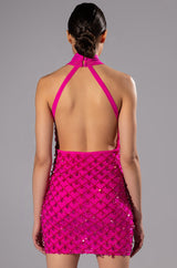 BEAUTIFUL MISTAKES MOCK NECK LOW BACK BEADED MINI DRESS