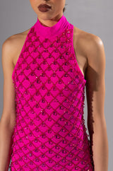 BEAUTIFUL MISTAKES MOCK NECK LOW BACK BEADED MINI DRESS