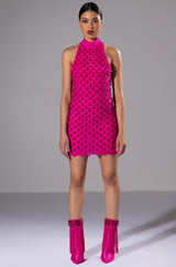 BEAUTIFUL MISTAKES MOCK NECK LOW BACK BEADED MINI DRESS