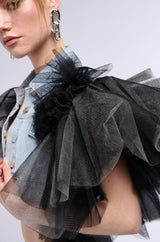 BEBE LUXE TULLE SHOULDER CROPPED DENIM VEST