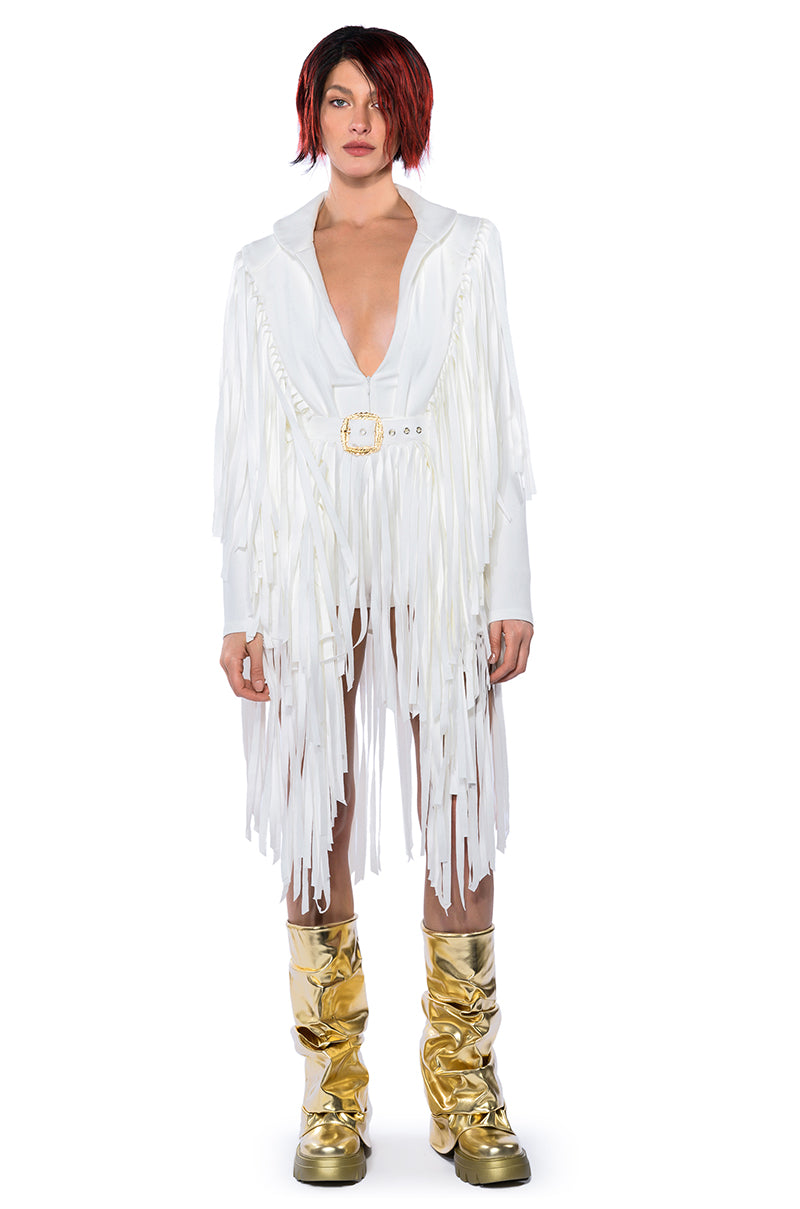BEEN WINNING FRINGE LONG SLEEVE MINI DRESS
