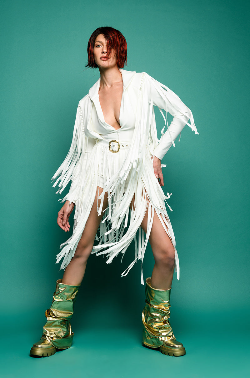 BEEN WINNING FRINGE LONG SLEEVE MINI DRESS