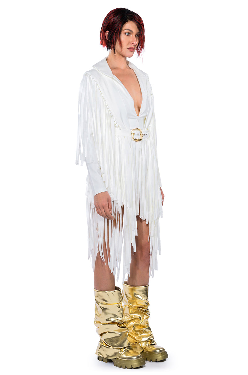 BEEN WINNING FRINGE LONG SLEEVE MINI DRESS