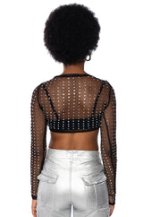 BEJEWELED LONG SLEEVE MESH TOP
