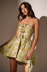BELLE OF THE BALL BROCADE MINI DRESS IN GREEN MULTI