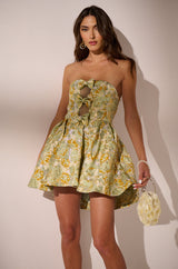 BELLE OF THE BALL BROCADE MINI DRESS IN GREEN MULTI