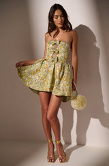 BELLE OF THE BALL BROCADE MINI DRESS IN GREEN MULTI