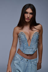 BETTER BE EMBELLISHED DENIM BUSTIER TOP