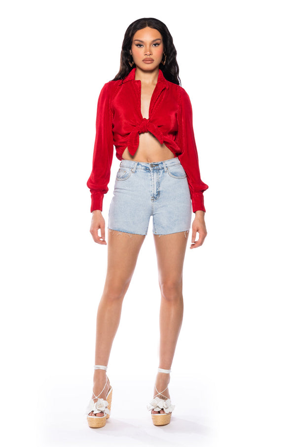 BETTER BELIEVE IT PLEATED TIE FRONT BODYSUIT