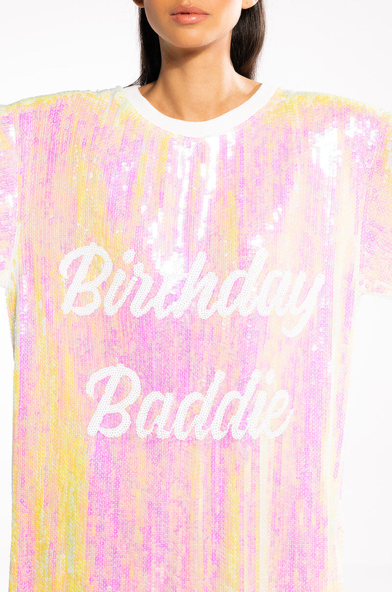 BIRTHDAY BADDIE SEQUIN T SHIRT DRESS