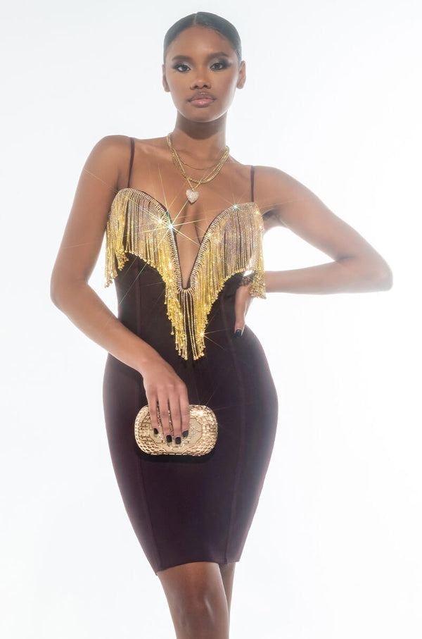 BIRTHDAY BISH BANDAGE FRINGE FRONT MINI DRESS