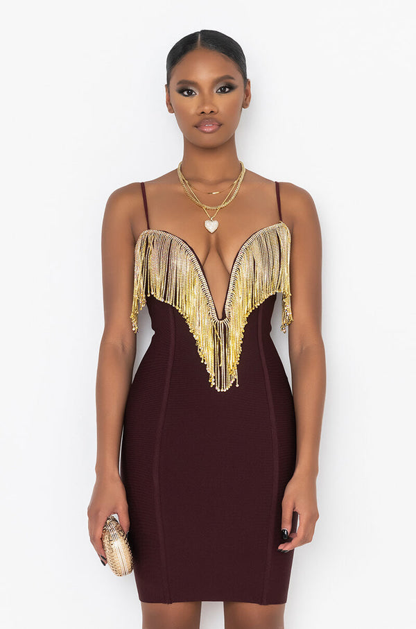 BIRTHDAY BISH BANDAGE FRINGE FRONT MINI DRESS