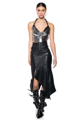 BITE ME ASYMMETRICAL FAUX LEATHER MIDI SKIRT