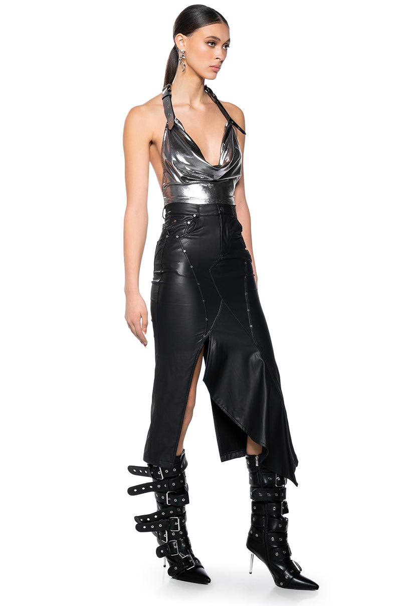 BITE ME ASYMMETRICAL FAUX LEATHER MIDI SKIRT