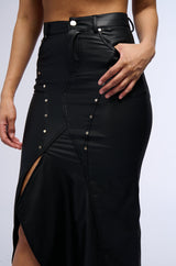 BITE ME ASYMMETRICAL FAUX LEATHER MIDI SKIRT