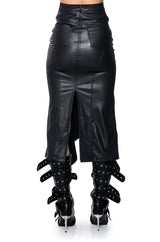 BITE ME ASYMMETRICAL FAUX LEATHER MIDI SKIRT
