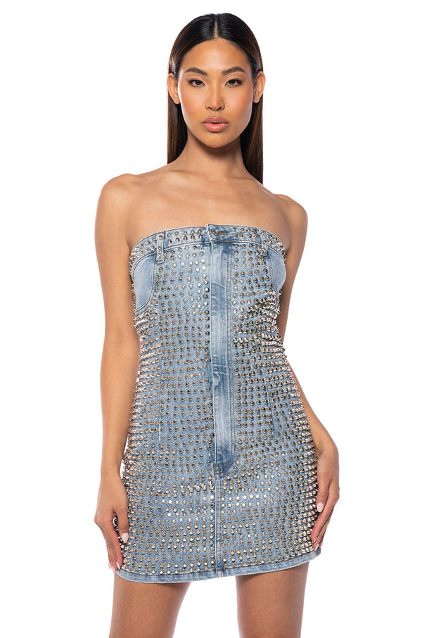 BLAKE STRAPLESS STUDDED DENIM DRESS