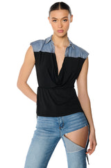 BLAME GAME DENIM DETAIL CAP SLEEVE ADJUSTABLE BLOUSE IN BLACK