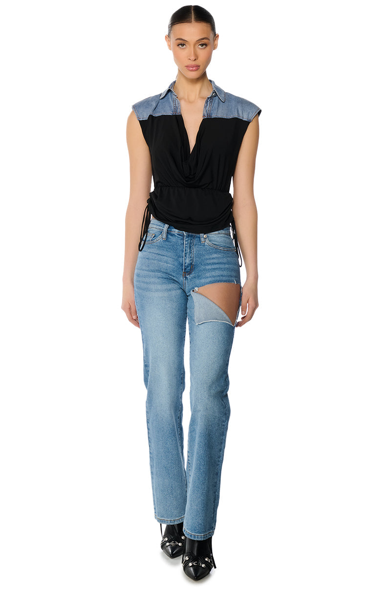 BLAME GAME DENIM DETAIL CAP SLEEVE ADJUSTABLE BLOUSE IN BLACK