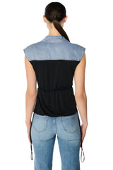 BLAME GAME DENIM DETAIL CAP SLEEVE ADJUSTABLE BLOUSE IN BLACK