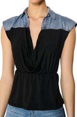 BLAME GAME DENIM DETAIL CAP SLEEVE ADJUSTABLE BLOUSE IN BLACK