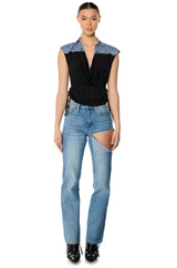 BLAME GAME DENIM DETAIL CAP SLEEVE ADJUSTABLE BLOUSE IN BLACK