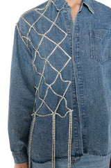 BLING RING RHINESTONE FRINGE BUTTON DOWN DENIM SHIRT