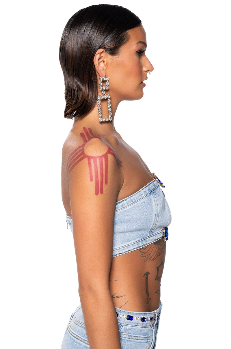 BLINGED OUT CUT OUT DENIM BANDEAU TOP