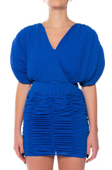 BLISS RUCHED CROSS FRONT SHORT SLEEVE MINI DRESS
