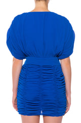 BLISS RUCHED CROSS FRONT SHORT SLEEVE MINI DRESS
