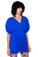 BLISS RUCHED CROSS FRONT SHORT SLEEVE MINI DRESS