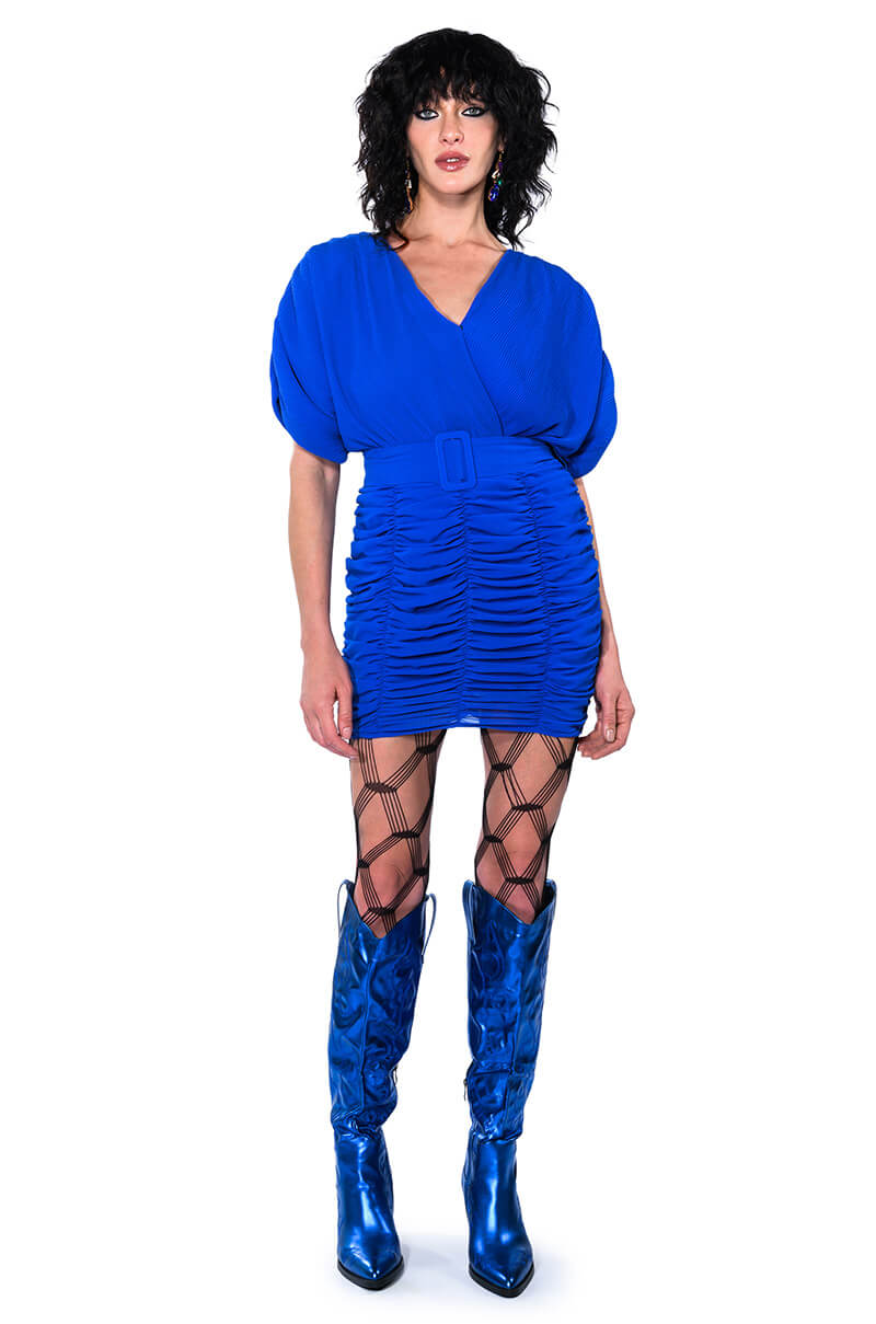 BLISS RUCHED CROSS FRONT SHORT SLEEVE MINI DRESS