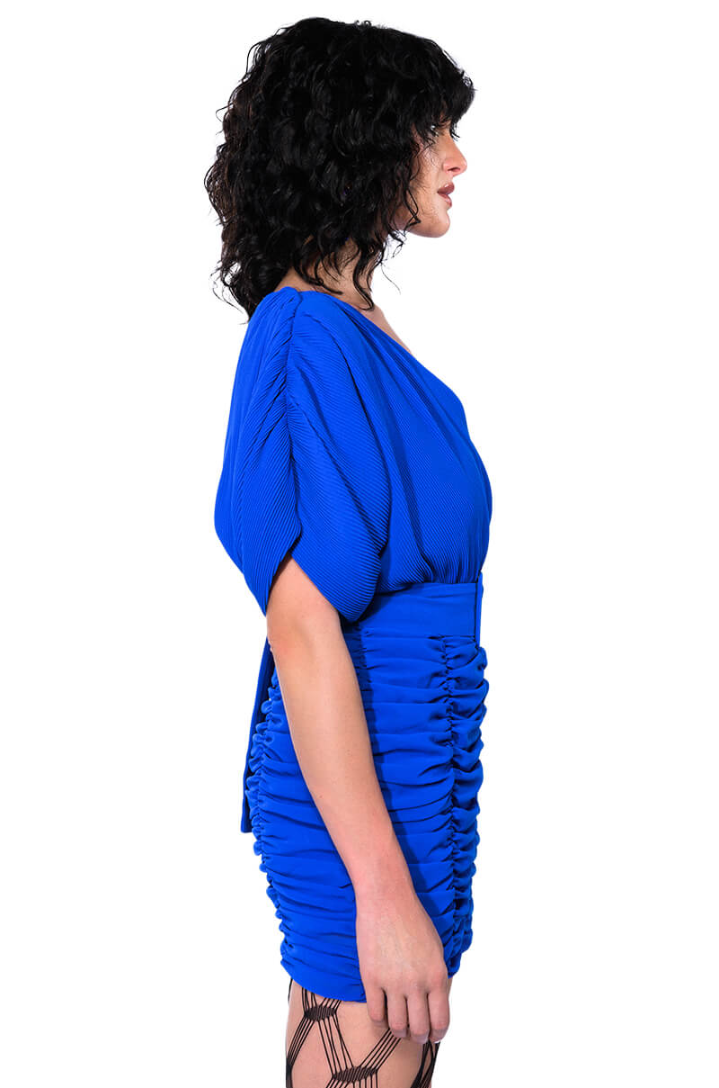 BLISS RUCHED CROSS FRONT SHORT SLEEVE MINI DRESS