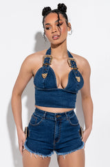 BLUE JEAN BABY BUCKLE HALTER CROP TOP